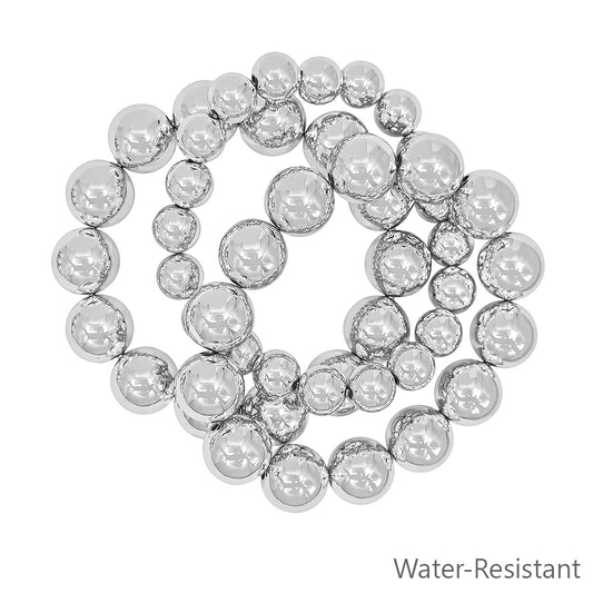 Water Resistant Set of 3 10&15MM Beaded Silver Stretch Bracelet