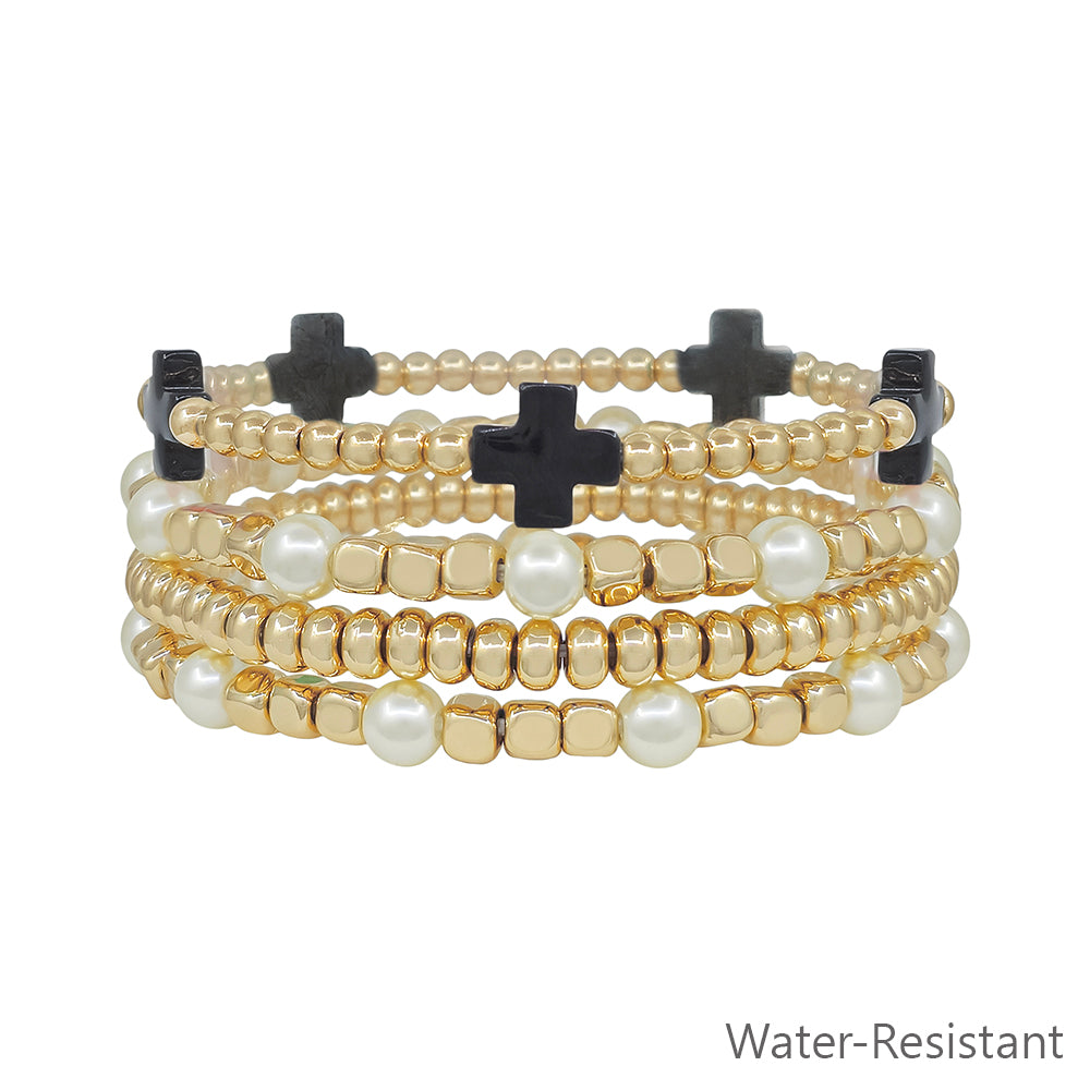 Water Resistant Set of 4 Gold and Pearl Textured Beaded and Black Crosses Stretch Bracelets