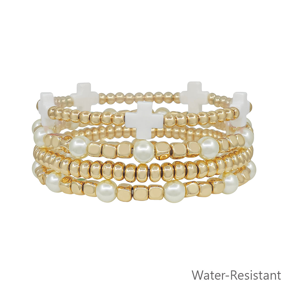 Water Resistant Set of 4 Gold and Pearl Textured Beaded and White Crosses Stretch Bracelets