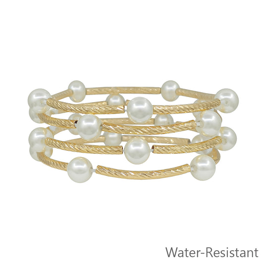 Water Resistant Set of 4 Gold Piping and Pearls Stretch Bracelets