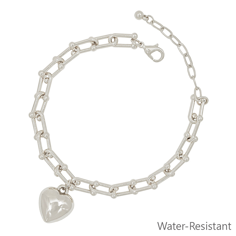 Water Resistant Silver Chain with Puffy Heart Charm 7.5" Bracelet