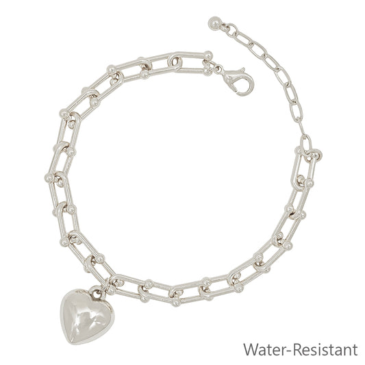 Water Resistant Silver Chain with Puffy Heart Charm 7.5" Bracelet