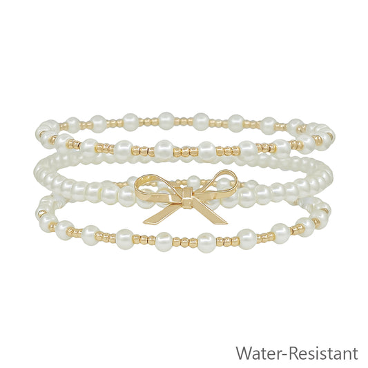 Set of 3 Pearl and Gold with Gold Bow Stretch Bracelets