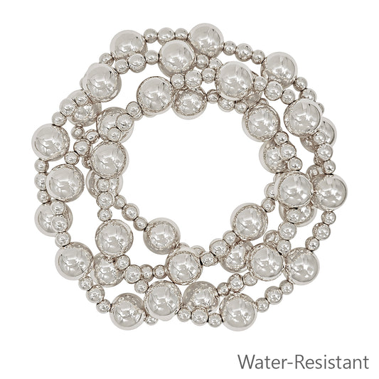 Water Resistant Set of 4 Silver 10MM and 4MM Beaded Stretch Bracelets