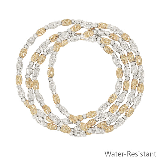 Set of 4 Textured Gold and Silver Oval Beaded Stretch Bracelets
