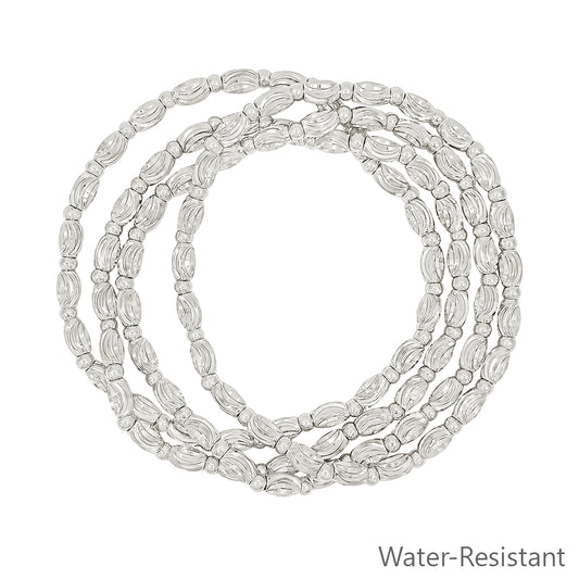 Set of 4 Textured Silver Oval Beaded Stretch Bracelets