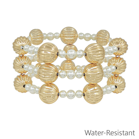 Water Resistant Set of 3 Pearl Beaded with 14MM Textured Beaded Bracelet Set