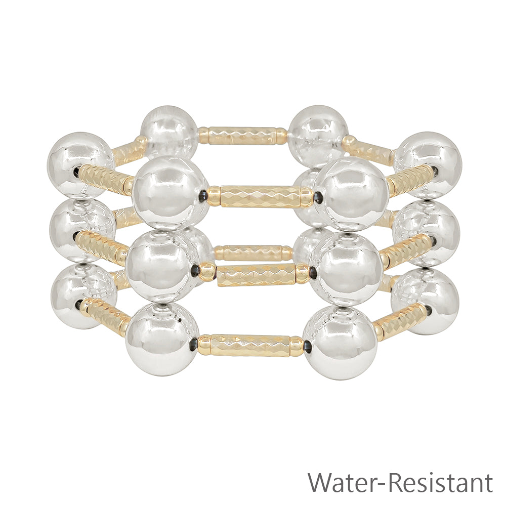 Water Resistant Set of 3 Gold Tube with 14MM Silver Beaded Bracelet Set