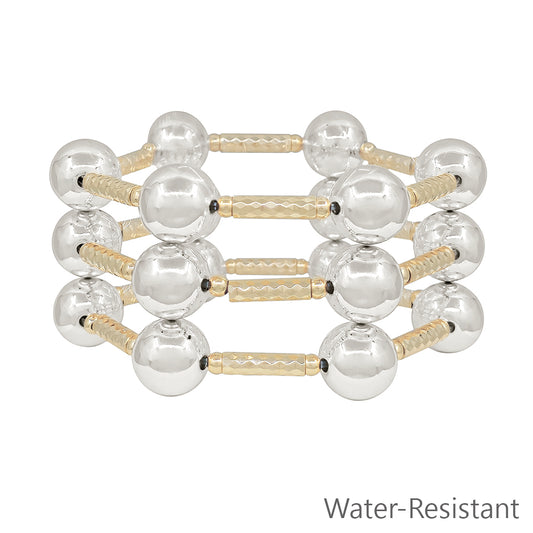 Water Resistant Set of 3 Gold Tube with 14MM Silver Beaded Bracelet Set