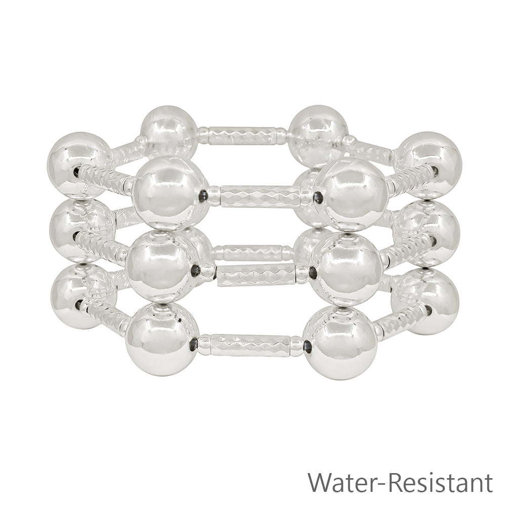 Water Resistant Set of 3 Silver Tube with 14MM Silver Beaded Bracelet Set