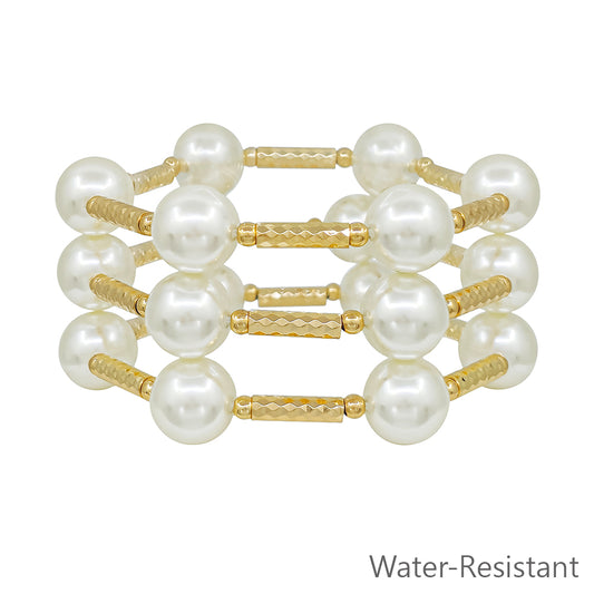 Water Resistant Set of 3 Gold Tube with 14MM Pearl Beaded Bracelet Set