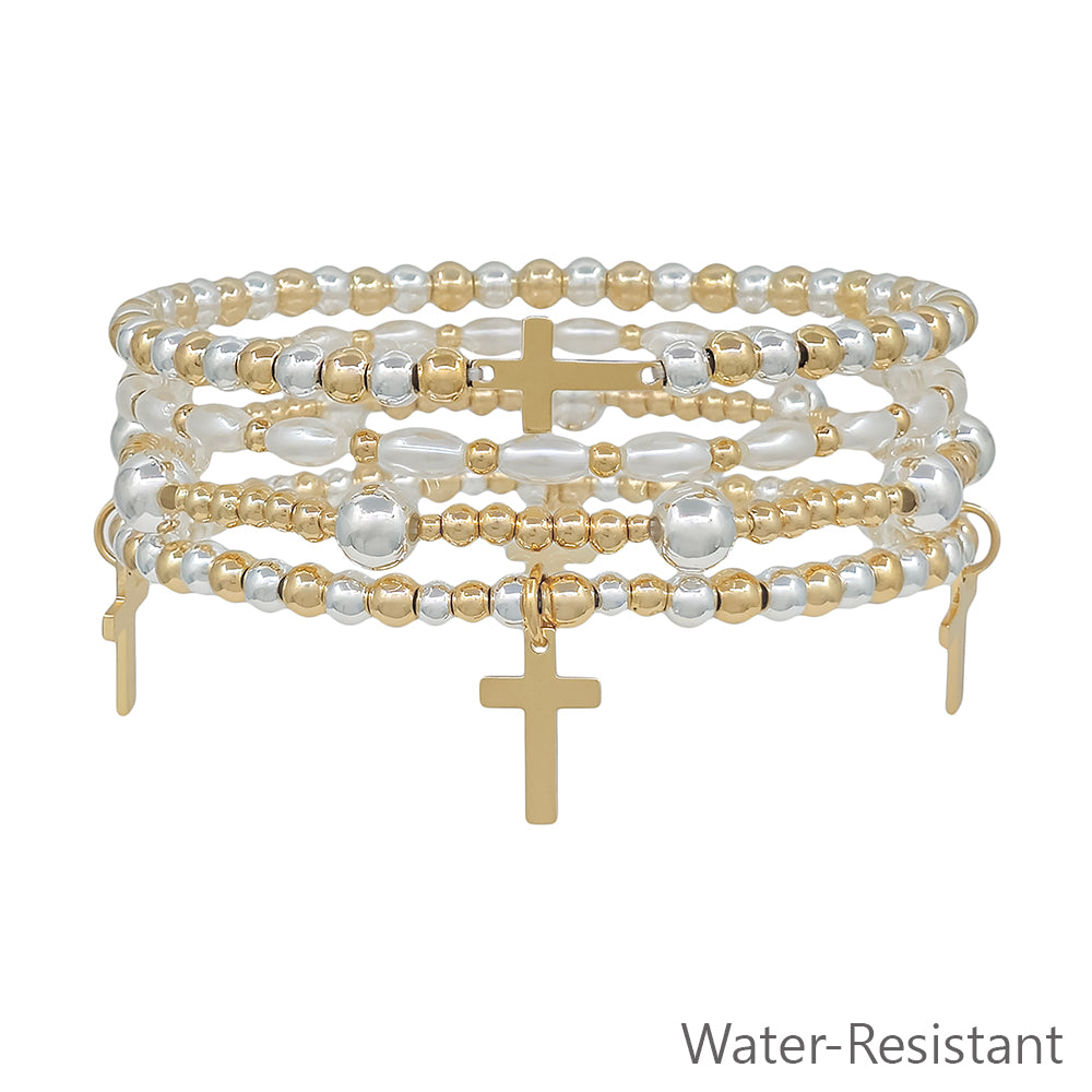Water Resistant Set of 4 Gold and Silver Beaded with Pearl and Cross Charms Stretch Bracelet