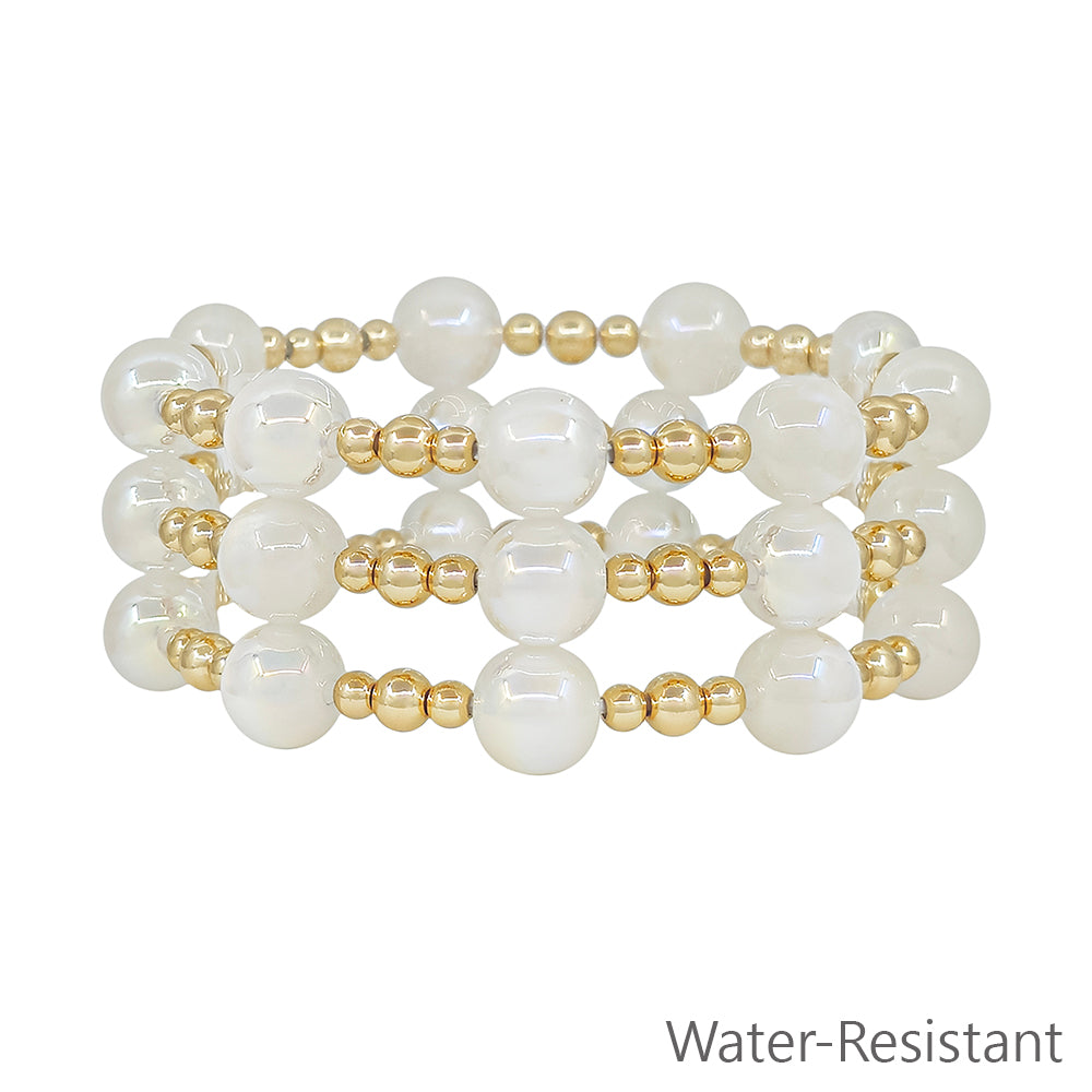 Set of 3 Gold Beaded with White "Candy" 10mm Beaded Stretch Bracelets