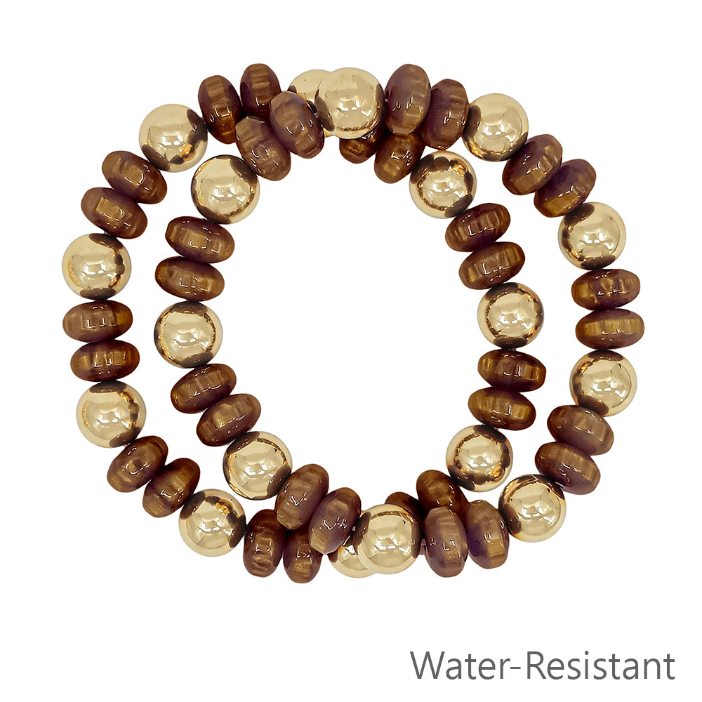 Water resistant Set of 2 Brown and Gold Beaded Stretch Bracelets