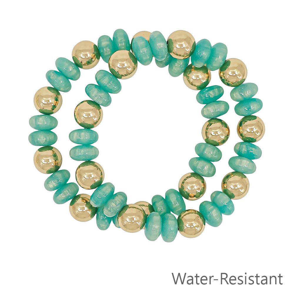 Water resistant Set of 2 Mint and Gold Beaded Stretch Bracelets