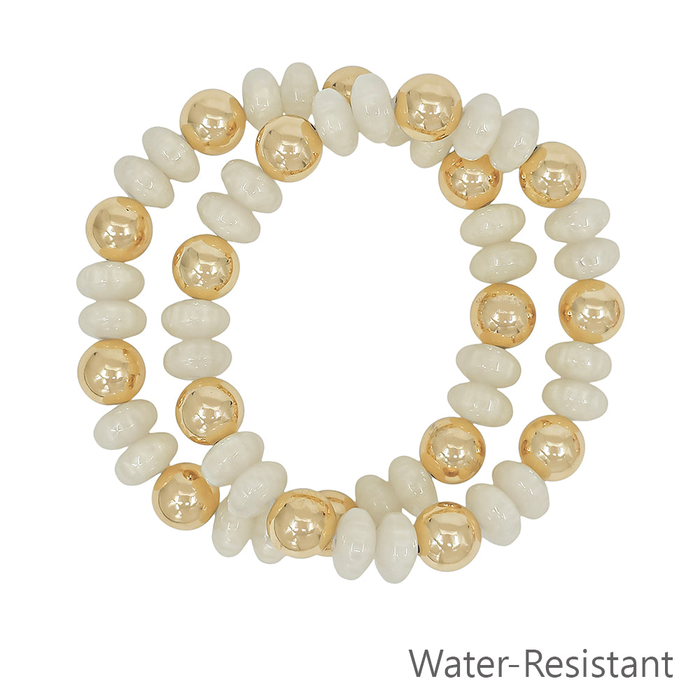 Water resistant Set of 2 White and Gold Beaded Stretch Bracelets