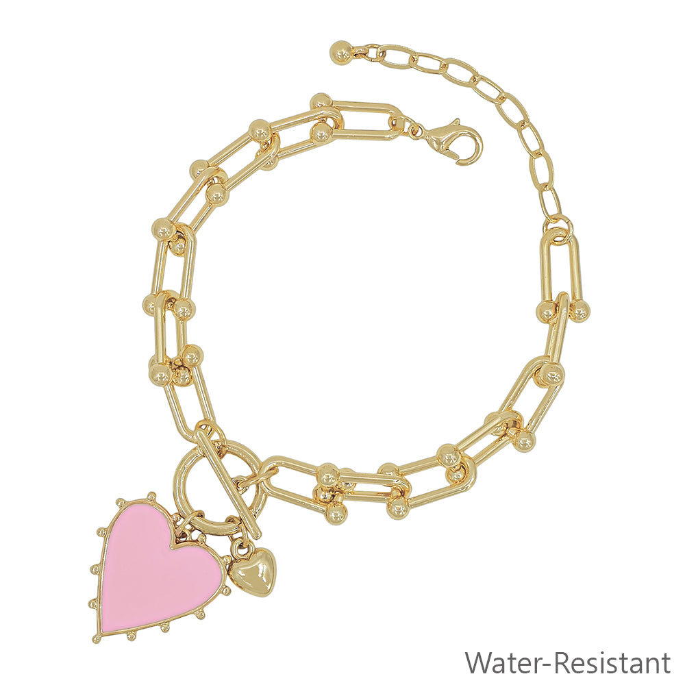 Water resistant Gold Chain with Pink Studded Heart Charm Bracelet