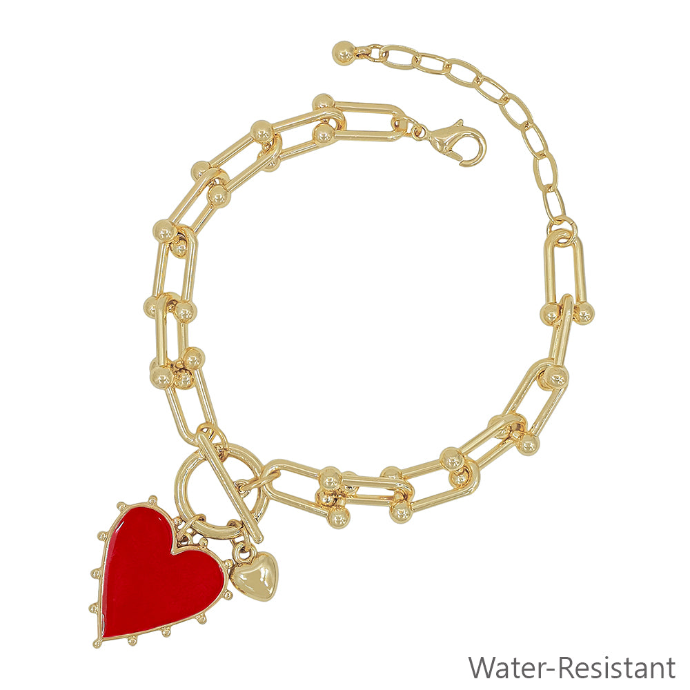 Water resistant Gold Chain with Red Studded Heart Charm Bracelet