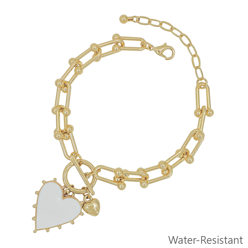 Water resistant Gold Chain with White Studded Heart Charm Bracelet
