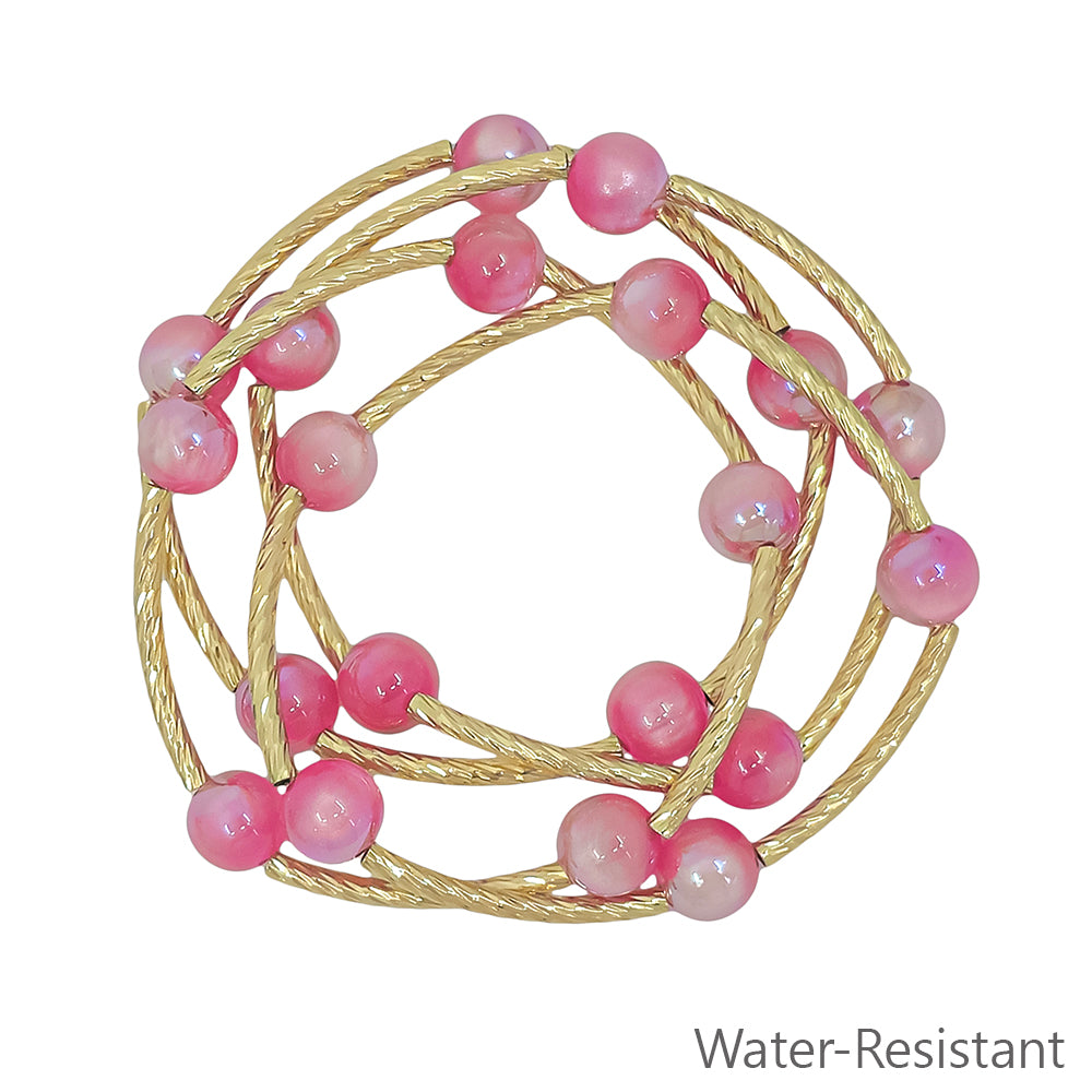 Set of 3 Pink "Candy" Beaded with Gold Piping Stretch Bracelets