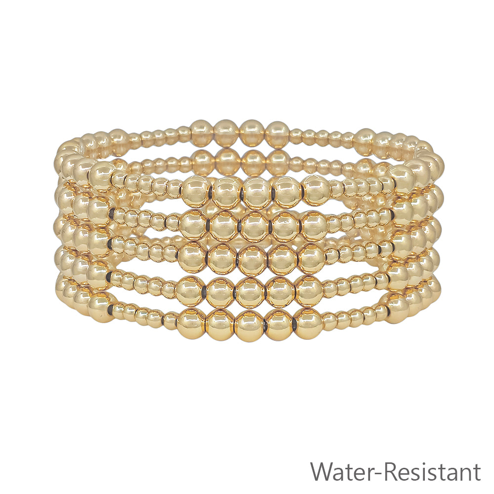 Set of 5 5MM & 3MM Beaded Gold Stretch Bracelet