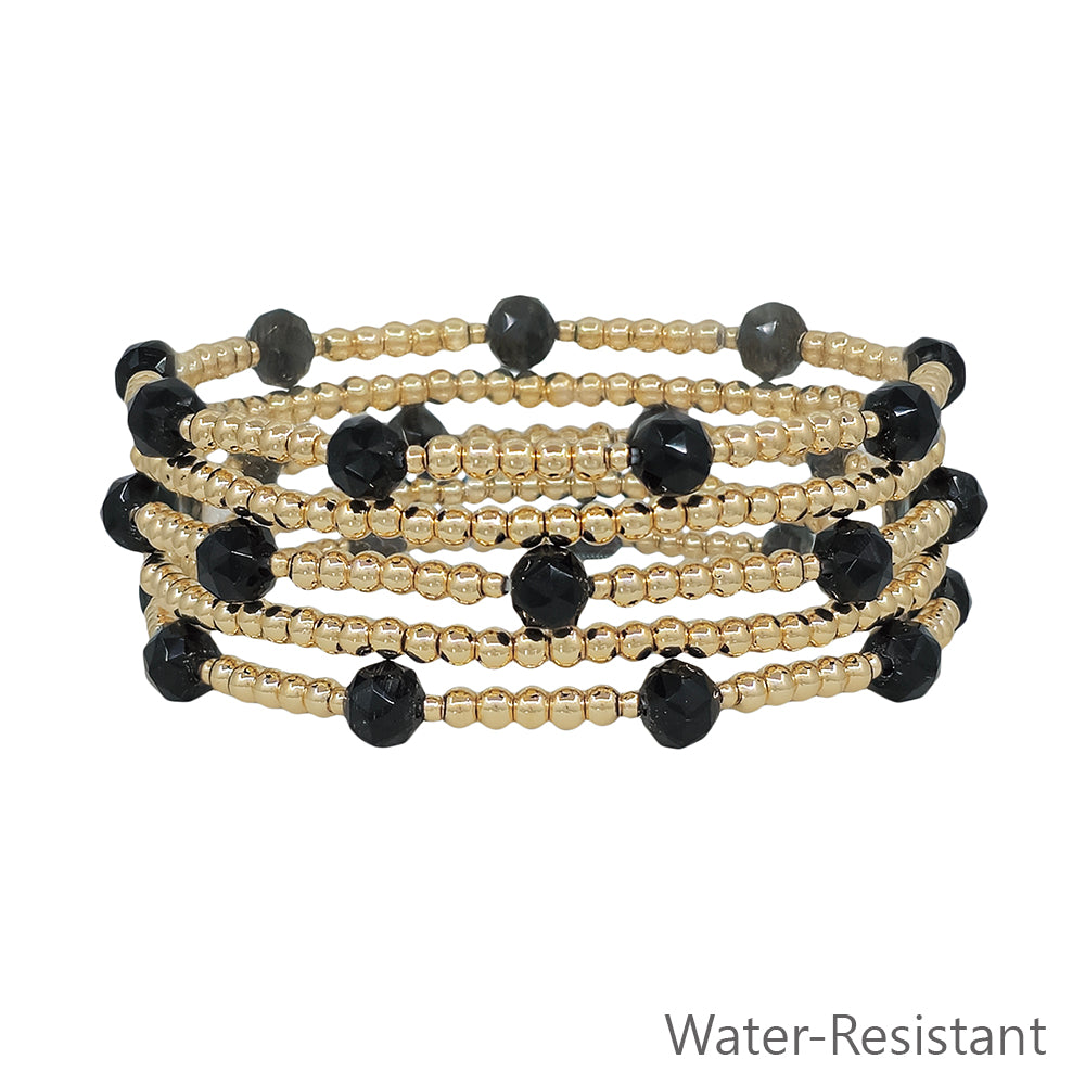 Water Resistant Set of 5 Gold Beaded with Black Crystal Stretch Bracelet
