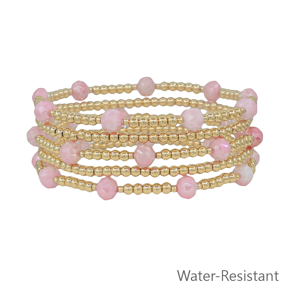 Water Resistant Set of 5 Gold Beaded with Pink Crystal Stretch Bracelet