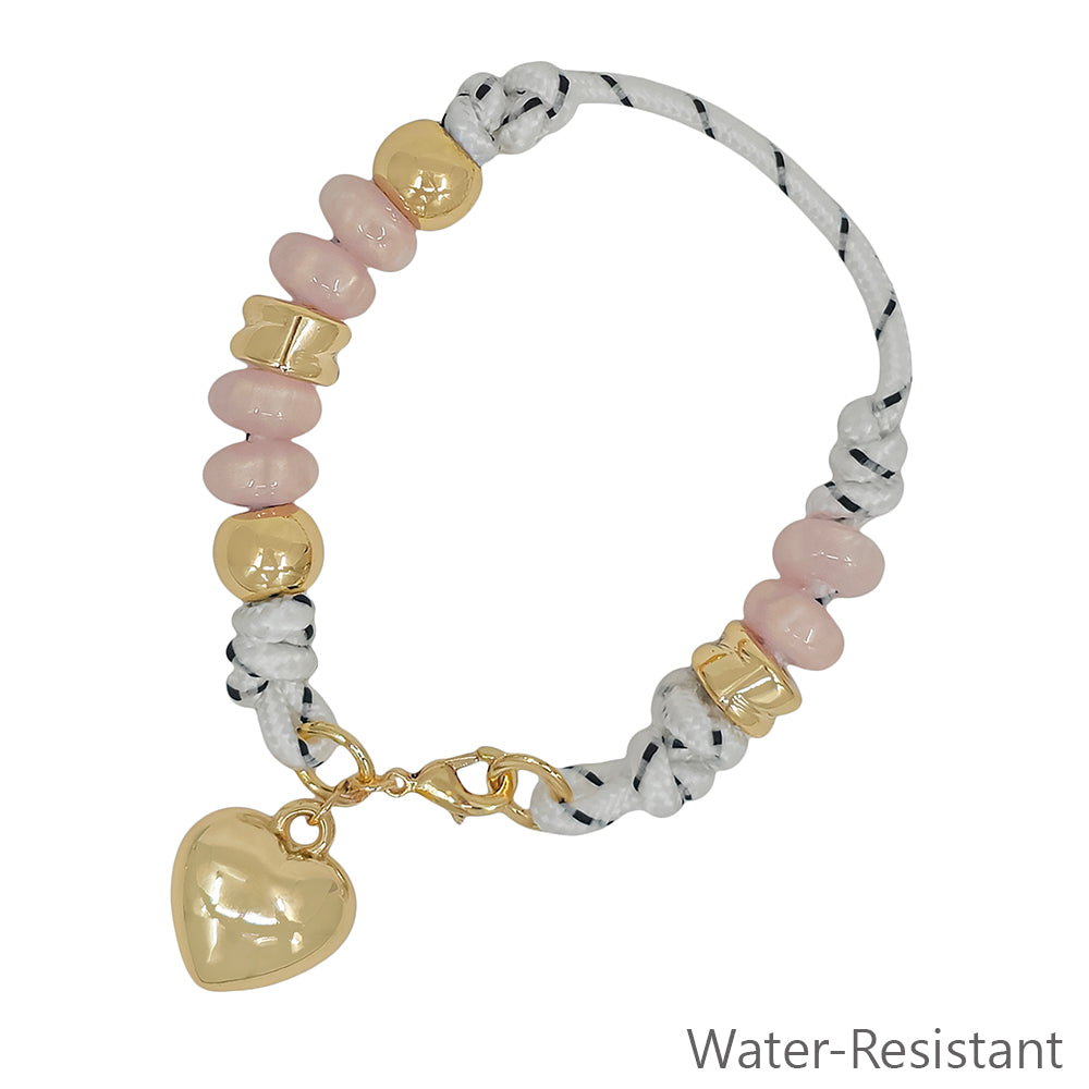 White Thread with Blush Pink Natural Stone and Gold with Gold Puffy Heart Bracelet