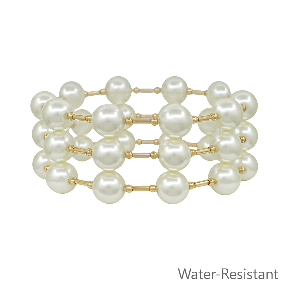 Water Resistant Set pf 3 Gold Bar with 10MM Pearl Beaded Stretch
