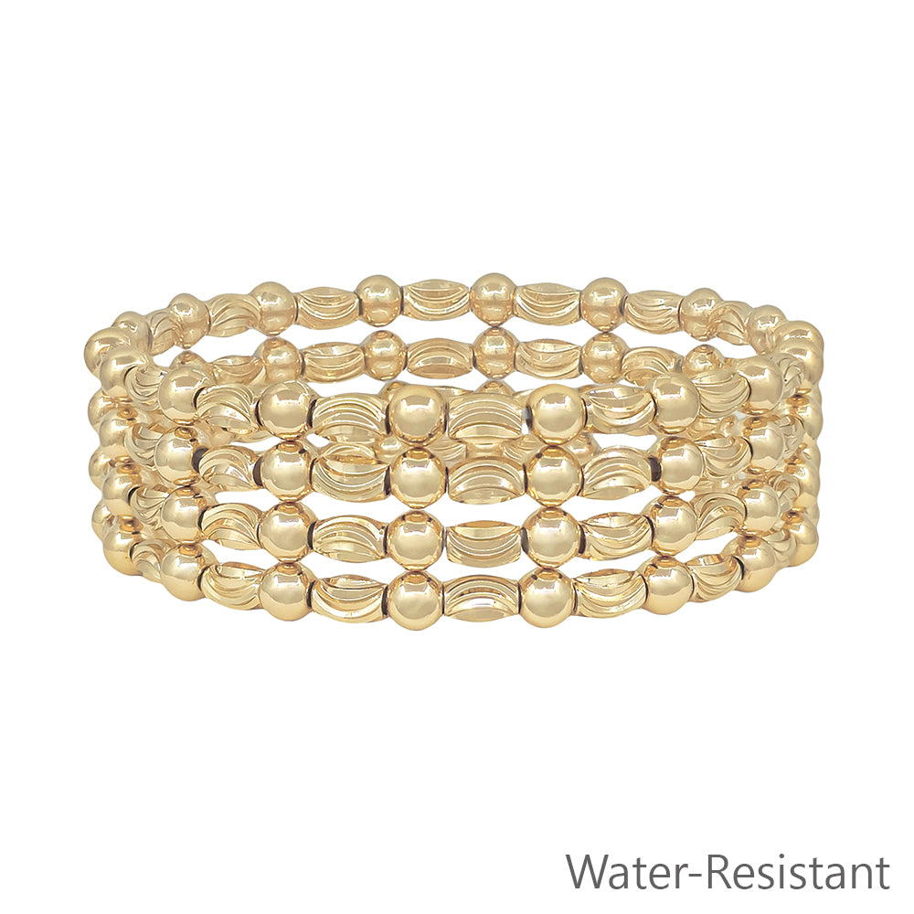Water resistant Gold Textured Oval and Gold Beaded Set of 4 Stretch Bracelets