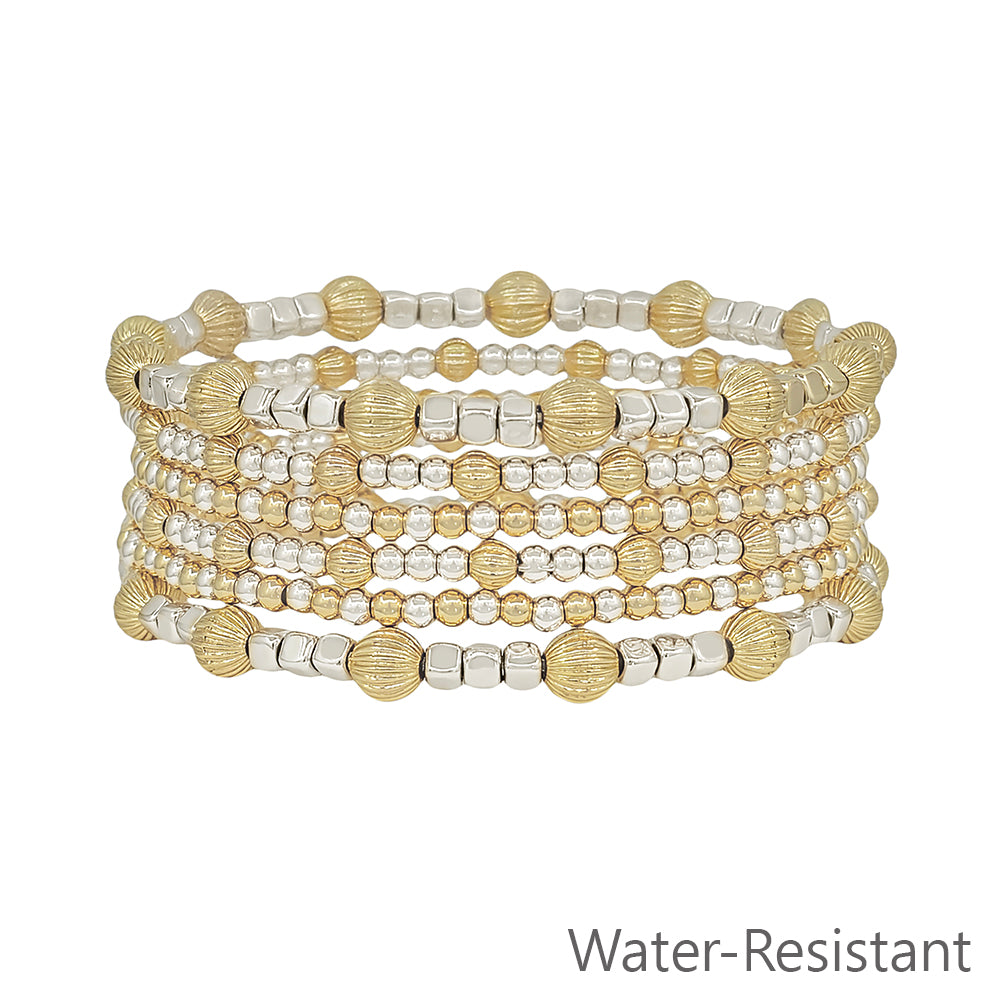 Water Resistant Set of 6 5MM and 3MM Gold and Silver Beaded Stretch Bracelets