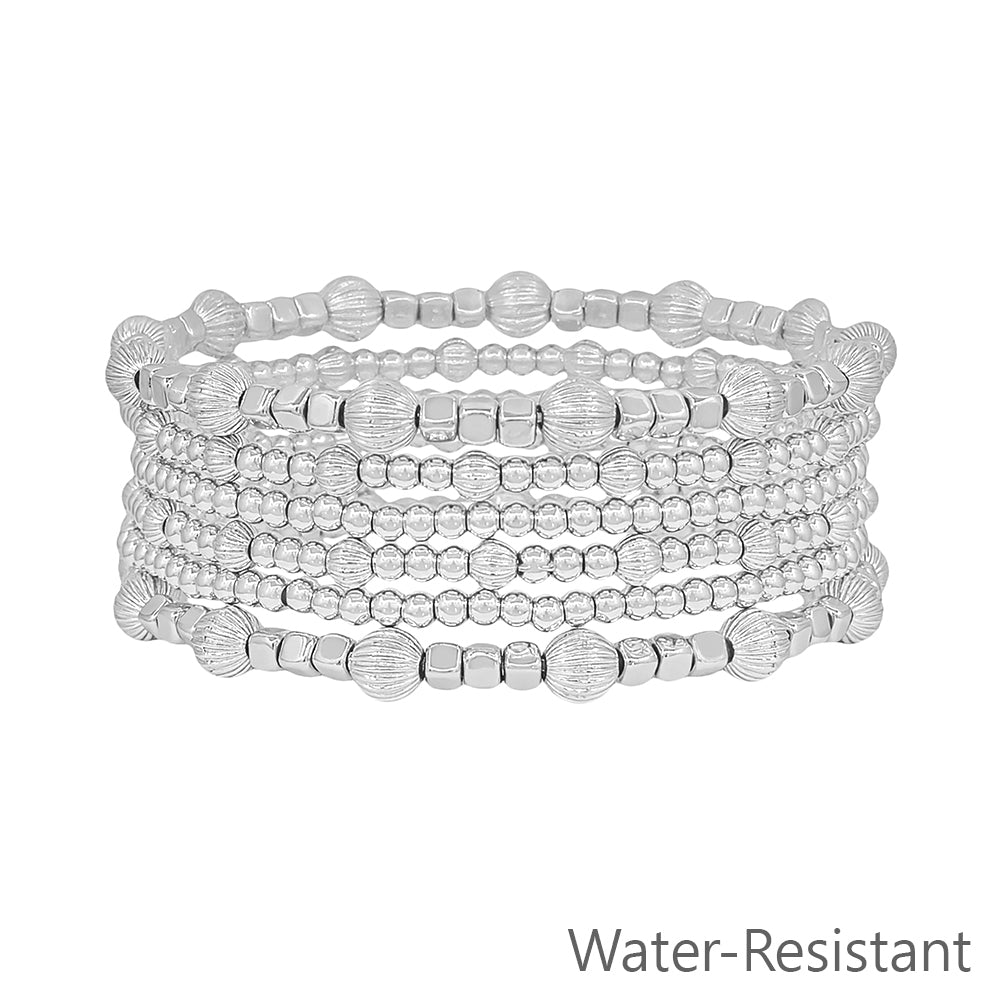 Water Resistant Set of 6 5MM and 3MM Silver Beaded Stretch Bracelets