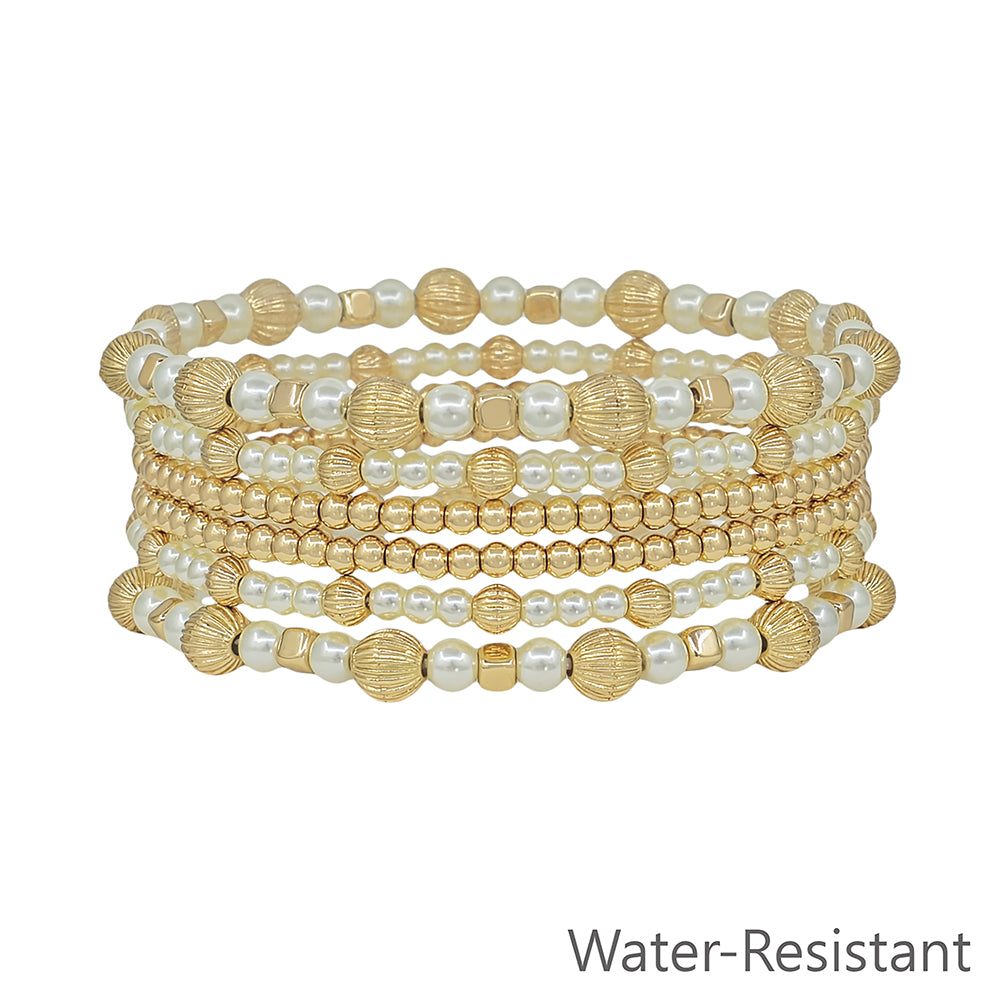 Water Resistant Set of 6 Gold Beaded and Pearl 5MM Stretch Bracelets