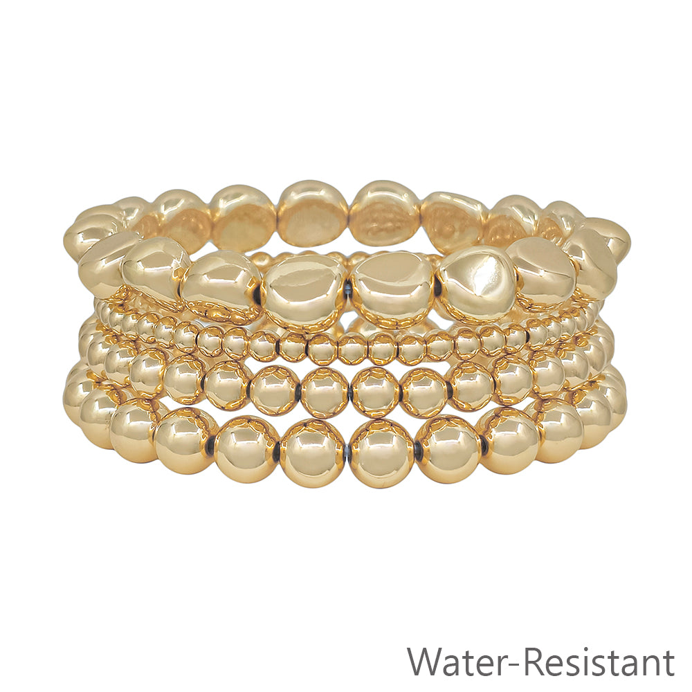 Water resistant Gold Graduated 4,6,8MM Beaded Set of 4 Stretch Bracelets