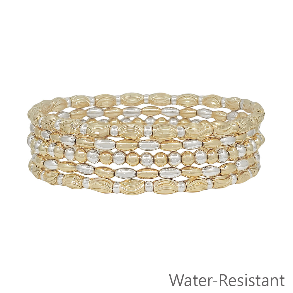 Gold and Silver Beaded and Textured Oval Set of 5 Stretch Bracelets