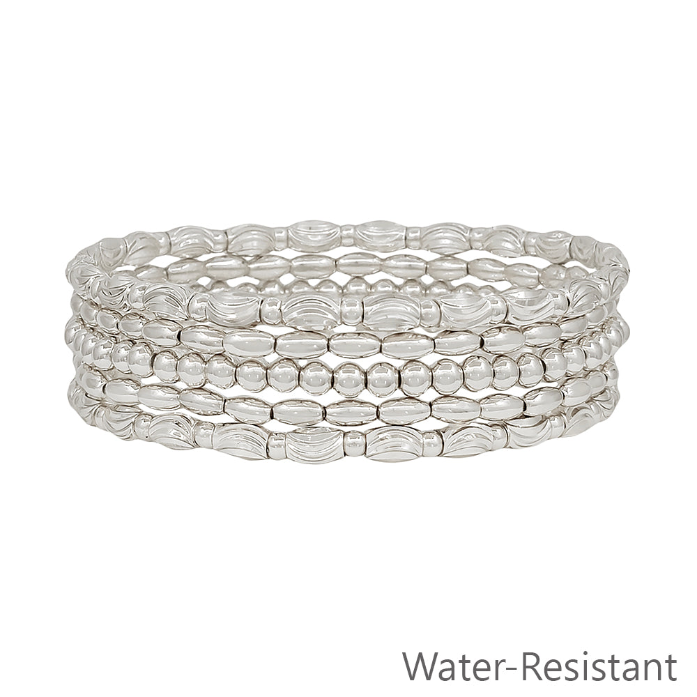Water resistant Silver Beaded and Textured Oval Set of 5 Stretch Bracelets
