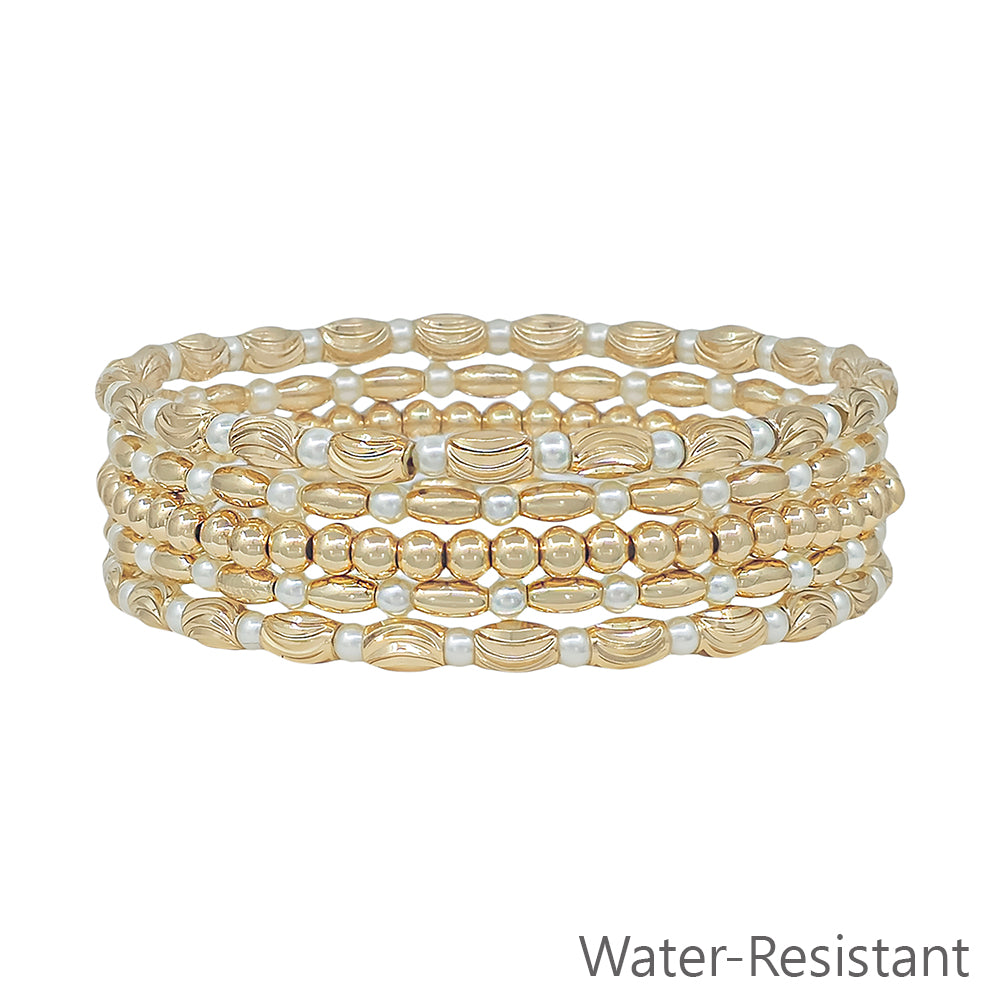 Gold Textured Oval and Beaded with Pearls Set of 5 Stretch Bracelets