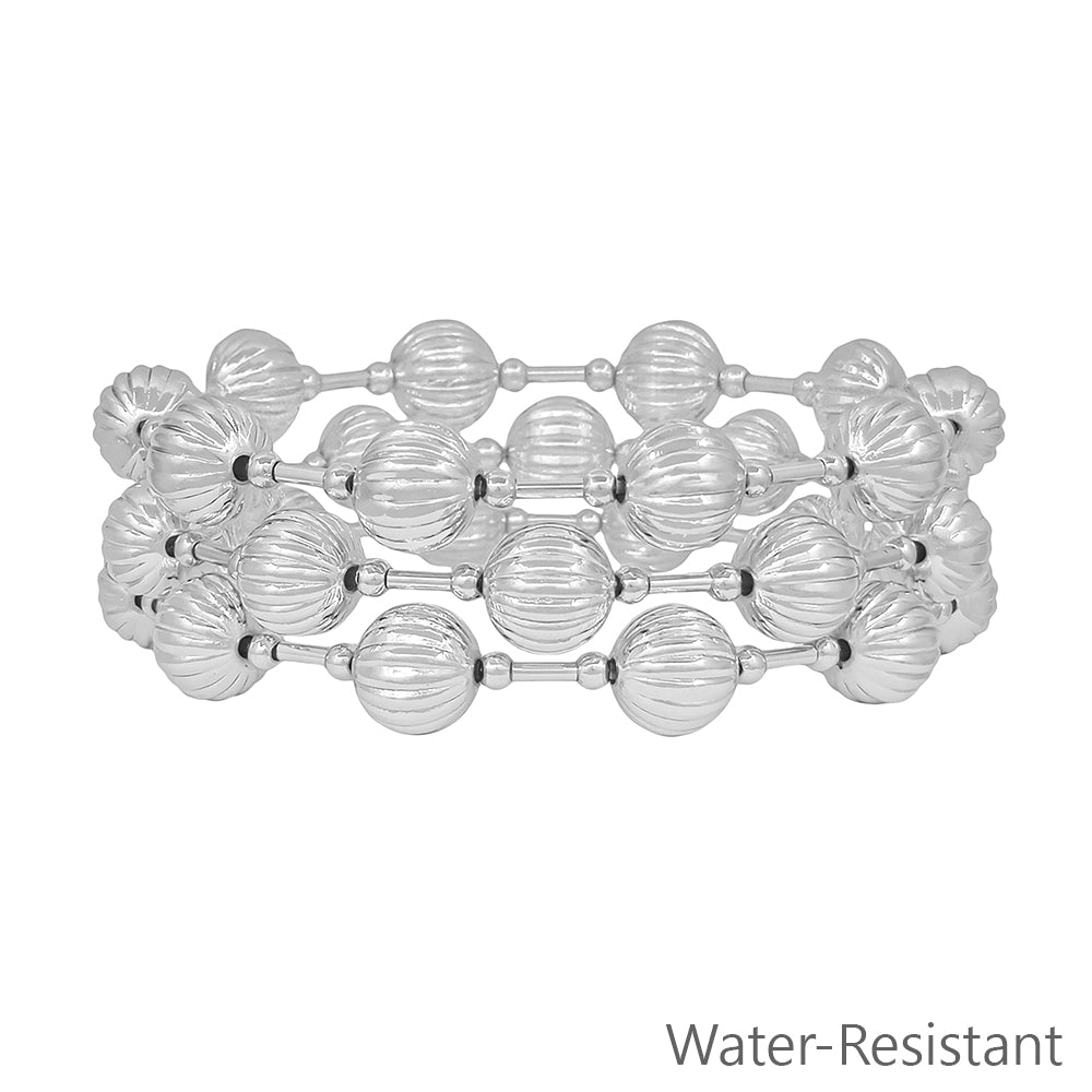 Water Resistant Set of 3 10MM Silver Textured Beaded Stretch Bracelets