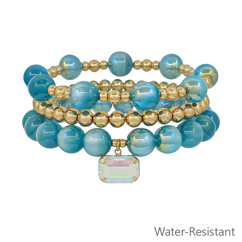 Blue/Mint Beaded and Gold Set of 3 with Square Crystal Charm Stretch Bracelets