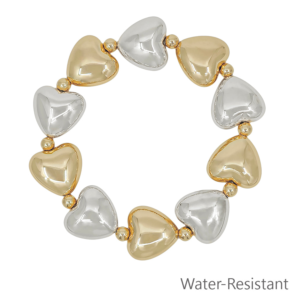 Water resistant 16MM Gold and Silver Puffy Heart Stretch Bracelet