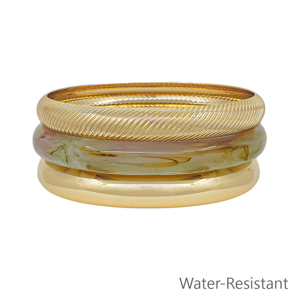 Water Resistant Set of 3 Acrylic Gold and Sage Green Bangles