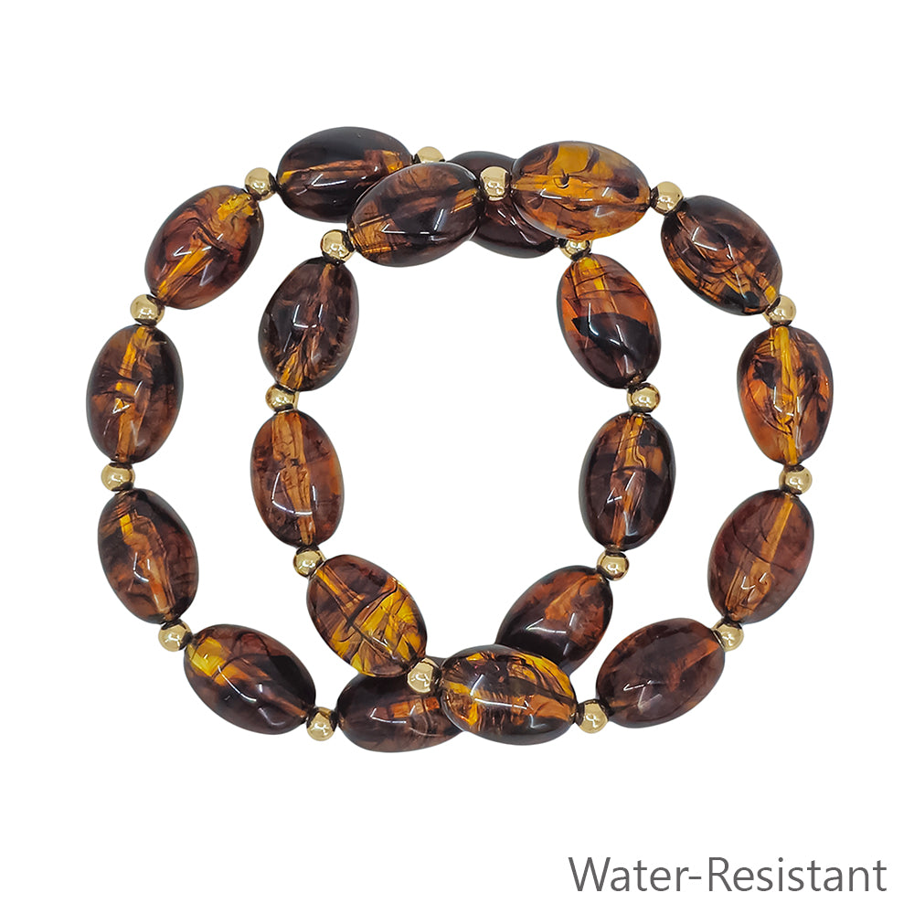 Water resistant Set of 2 Brown Acrylic and Gold Beaded Stretch Bracelets