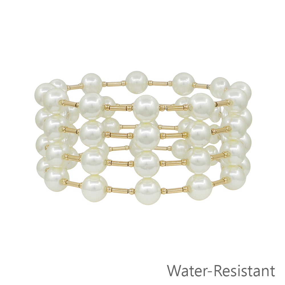 Water Resistant Set of 4 8MM Pearl and Gold Bar Stretch Bracelets
