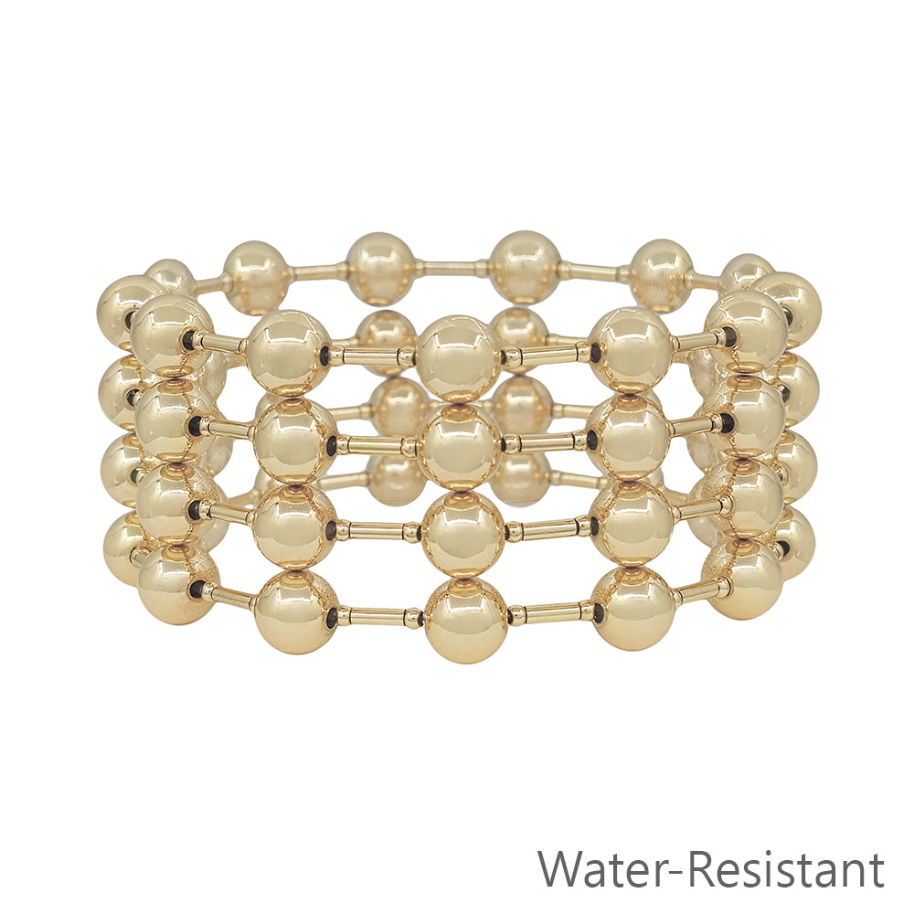 Water Resistant Set of 4 8MM Gold Beaded and Gold Bar Stretch Bracelets