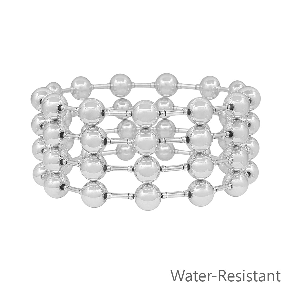 Water Resistant Set of 4 8MM Silver Beaded and Silver Bar Stretch Bracelets
