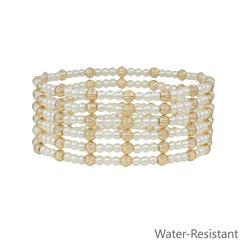 Water Resistant Set of 6 4MM and 3MM Gold and Pearl Beaded Stretch Bracelets