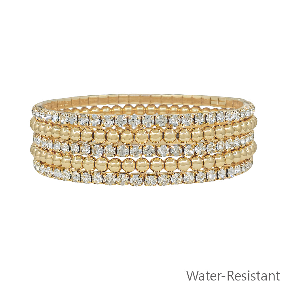 Water Resistant Set of 5 Rhinestone Tennis Chain with 4MM Beaded Stretch Bracelet