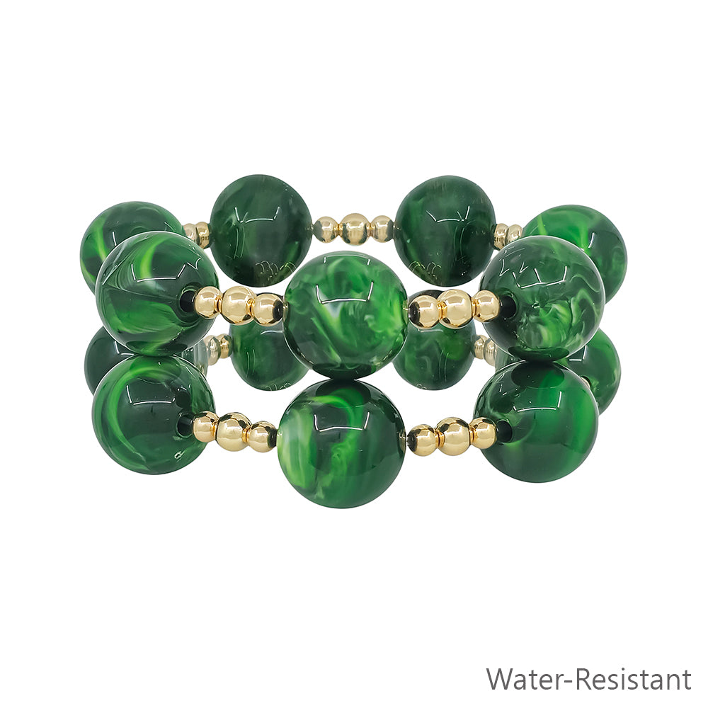 Water Resistant Set of 2 Gold Beaded with 20MM Large Emerald Green Stretch Bracelets