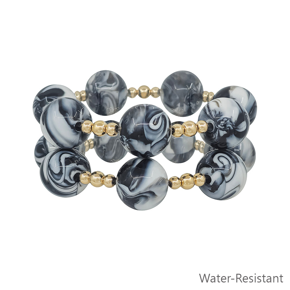 Water Resistant Set of 2 Gold Beaded with 20MM Large Black Stretch Bracelets