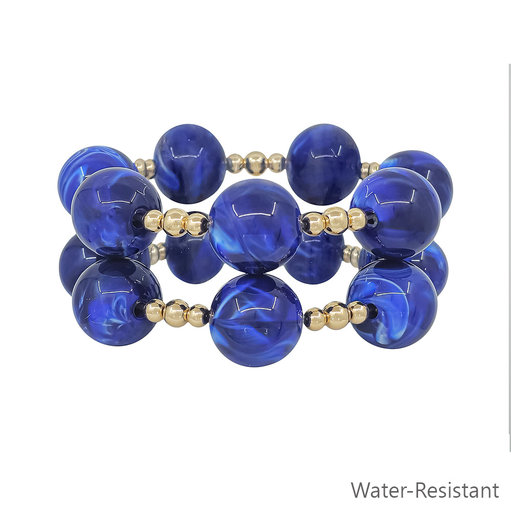 Water Resistant Set of 2 Gold Beaded with 20MM Large Royal Blue Stretch Bracelets